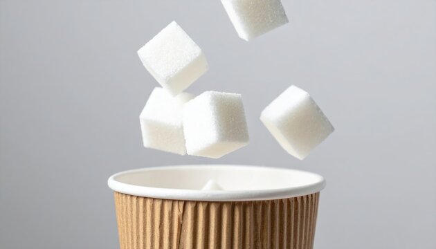 Sugar cubes falling into paper cup, excessive sugar consumption and unhealthy diet awareness concept