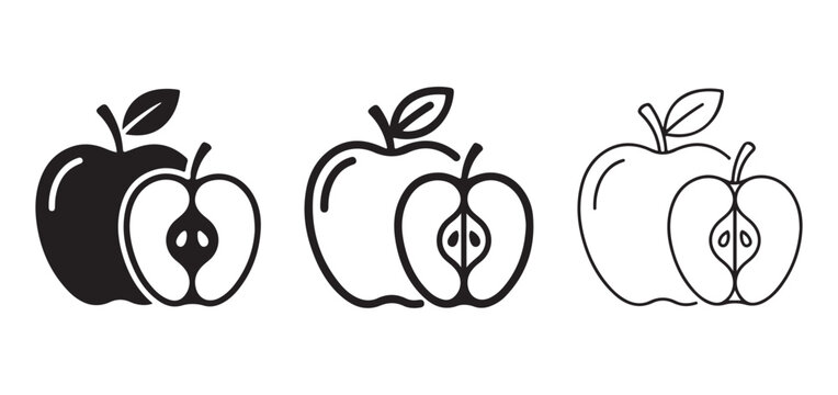 apple fruit icons in different styles  black solid line and outline  cut in half
