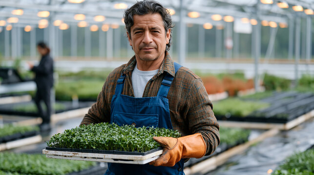 Weathered Peruvian man in overalls and leather gloves carries a flat of seedlings across a wet greenhouse floor under industrial grow lights, rows of plant trays extending behind him and a superviso