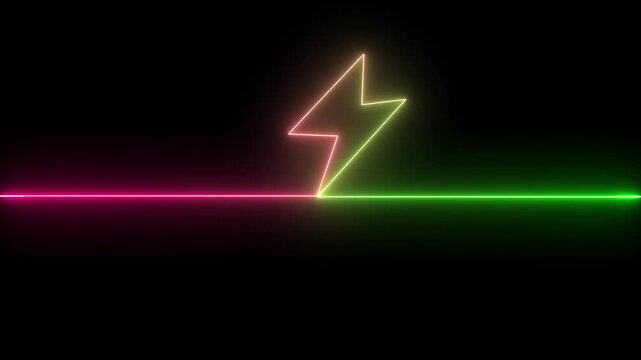 Abstract  neon glowing battery charging icon animation on black background.Glowing neon lightning bolt icon, Futuristic Neon Icon Animation in 4K...