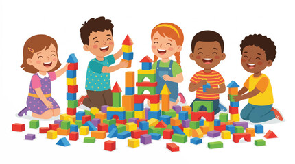 Obraz premium Vibrant group of children playing with colorful blocks to build a tower and explore creativity together.
