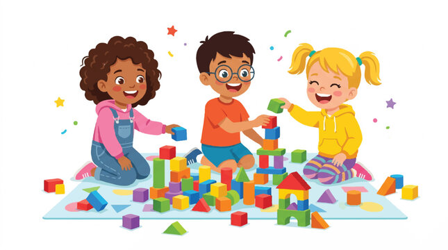 Children Playing with Colorful Building Blocks Creating Towers and Imaginative Games.