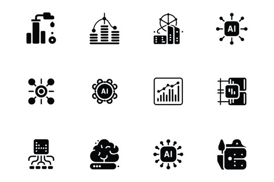Artificial intelligence and data technology vector icon set with technology, software