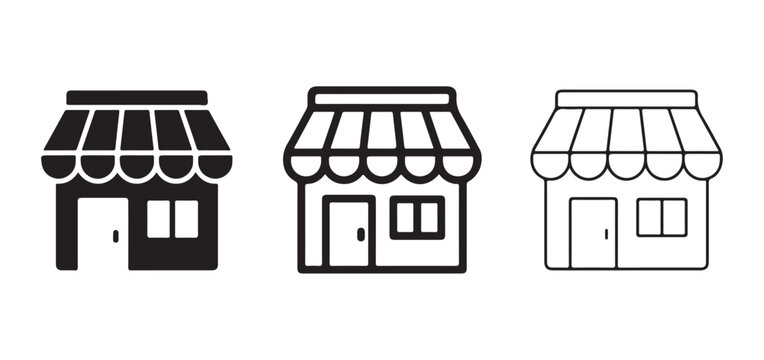 storefront icons in different styles and colors  simple illustrations of shops with awnings and doors