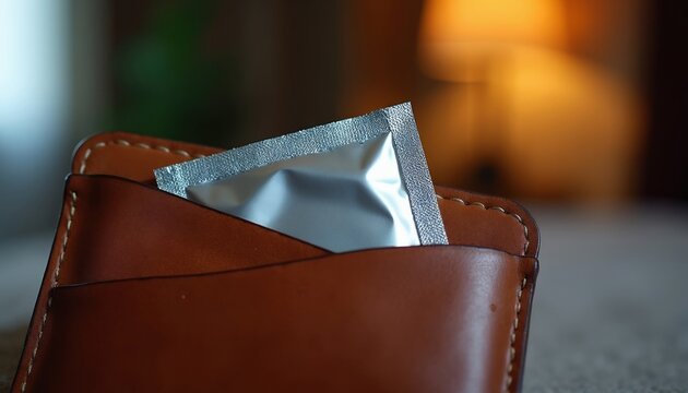 Condom packet sits in brown leather wallet. Silver foil wrapper protects safe sex item. Personal health accessory for protection. Responsible intimacy in indoor setting.