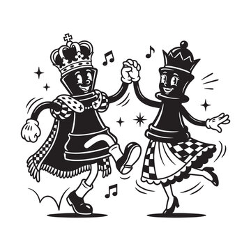 Funny retro cartoon chess king and queen characters dancing together vector illustration