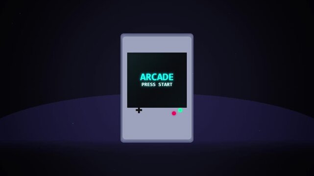 Retro handheld game console showing an arcade press start screen animation