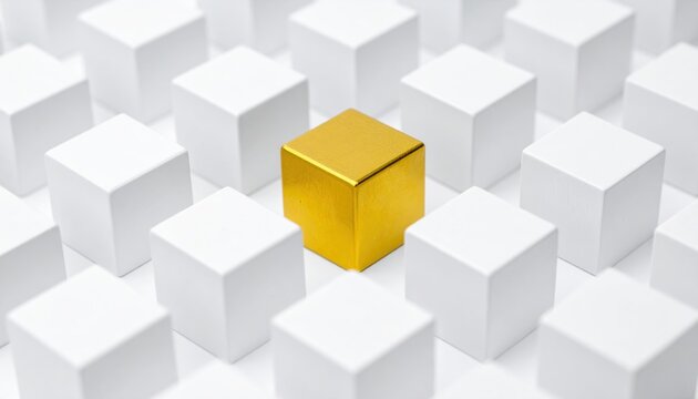 Golden cube standing out from white blocks, leadership, differentiation and competitive advantage concept