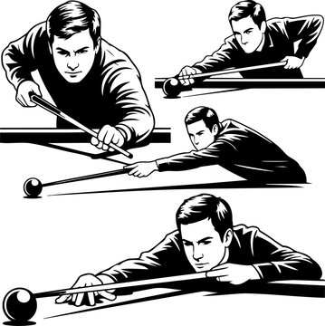 Man playing billiards with cue stick and ball during game with focused expression