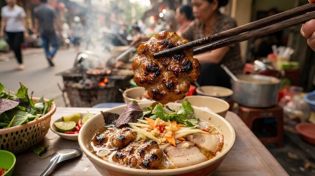 Vietnamese street food vendor expertly serving a bowl of grilled pork with rice noodles, capturing the vibrant and authentic culinary atmosphere of a bustling local food market stall