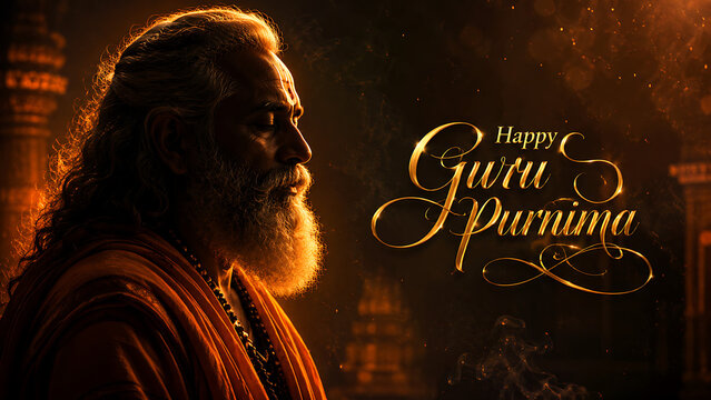 Ancient guru profile with golden festive text for guru purnima and hindu relegious festival spiritual blessing background with warm light