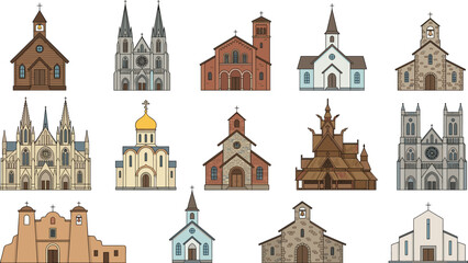 Christian Church Architecture Vector Icon Set Featuring Gothic Cathedrals Wooden Chapels Orthodox Golden Domes and Stone Mission Building Designs © mdtaleb