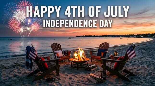 Patriotic beach scene with fire pit and fireworks on 4th of july