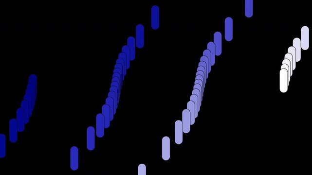 Modern abstract graphic with shifted rows of capsule shapes fading from blue to white on black