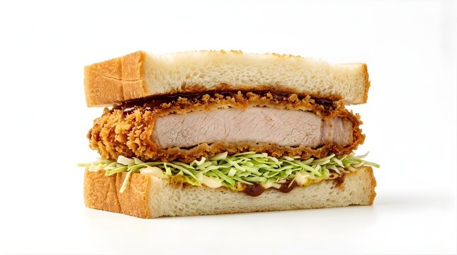 Isolated pork cutlet sandwich with crispy breaded meat and shredded cabbage between soft white bread slices for menu