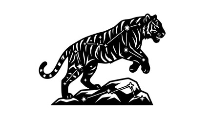 Tiger constellation silhouette on rocks, celestial animal, astrology, zodiac sign © Akun