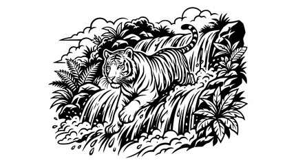 Tiger Walking Down Waterfall in Lush Jungle - Line Art Illustration © Akun
