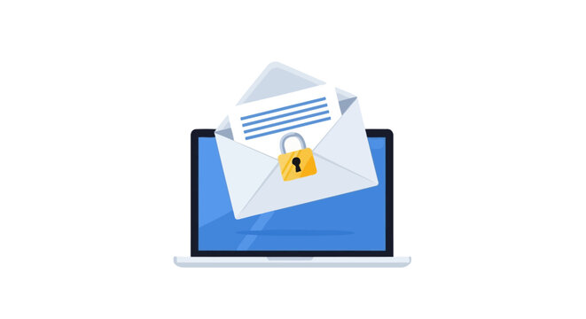 Secure Email Communication Illustration with Laptop, Open Envelope, and Padlock for Data Privacy and Cybersecurity