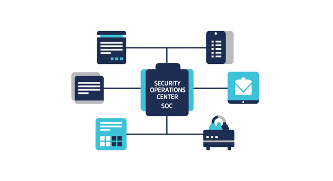 Security Operations Center (SOC) Vector Illustration for Cybersecurity Infrastructure, Network Monitoring, Data Protection, and Information Security Concept