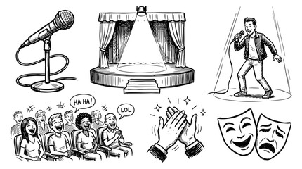 Obraz premium Comedy Show Icons: Stage, Microphone, Audience, Applause, Masks, Performance
