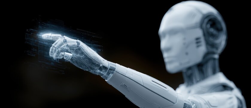 intelligent humanoid machine interacting with futuristic holographic technology interfaces