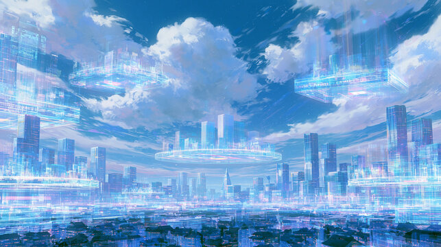 空に浮かぶプラットフォームと近未来都市のサイバーパンク風景