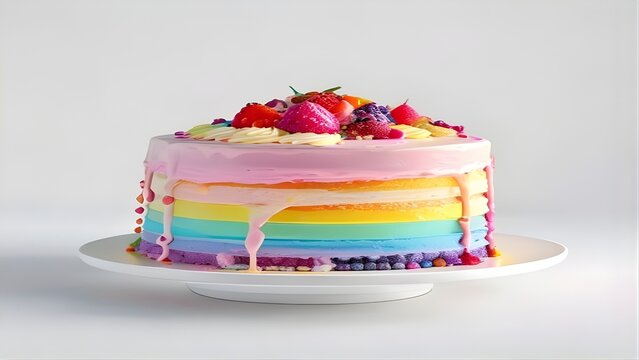 layered rainbow cake with pink frosting drip and assorted fresh fruit topping, festive dessert for birthdays and celebrations