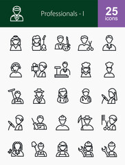 Fototapeta premium Professionals and Occupations Icon Set - 25 Flat Outline Vector Characters