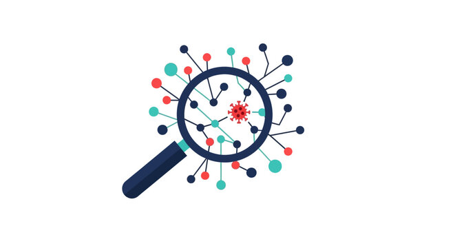 Virus Detection and Contact Tracing Concept with Magnifying Glass and Network Nodes Vector Illustration