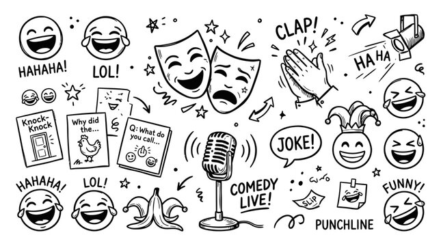 Comedy Show Doodle: Laughter, Jokes, Stand-up, Theater Masks, Microphone