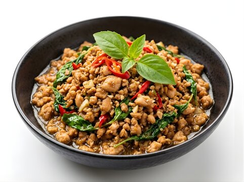 Stir fried minced chicken with holy basil and chili in black bowl authentic spicy Thai food dish for dinner menu