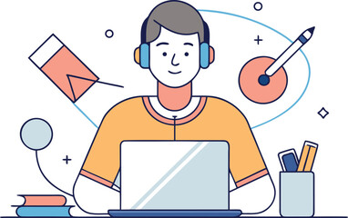 Fototapeta premium Student Learning Online With Laptop Vector Illustration