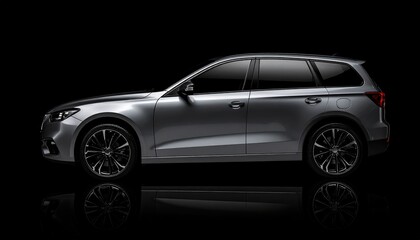 Naklejka premium gray modern car isolated on black background, premium automotive design concept, studio lighting and reflections