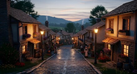 Fototapeta premium Charming cobblestone street lined with quaint cottages at dusk, illuminated by warm lamplight