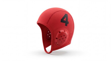 Fototapeta premium A bright red water polo cap with the number four printed on the side isolated on white background.