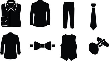 Naklejka premium Men Formal Wear And Business Suit Clothing Black Silhouette Icon Set Isolated On White Background