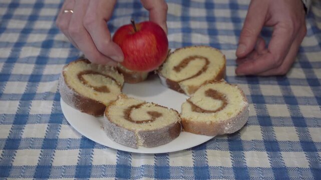 apple cake with apple on a plate, apple cake with apple on a plate