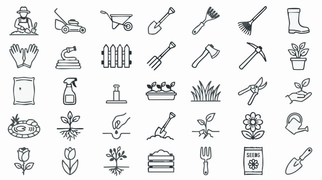 Gardening and Horticulture Line Icons Set on White Background