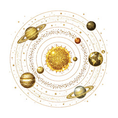 Beautiful golden sparkling sun and solar system planets on orbits vector illustration © Vectonic Wave