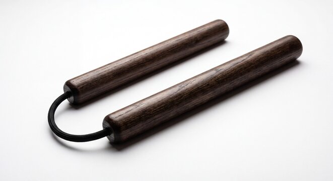 A pair of dark wooden nunchucks connected by a black cord on a plain white studio background.