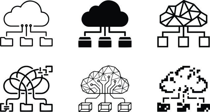 Cloud computing network icon set with connected servers data storage and online infrastructure in black and white vector illustration collection