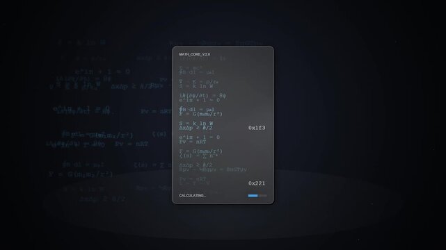 Digital math calculation interface showing physics formulas and loading bar