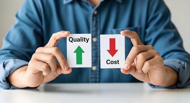 Business strategy concept hands holding cards illustrating increasing quality and decreasing costs for financial success
