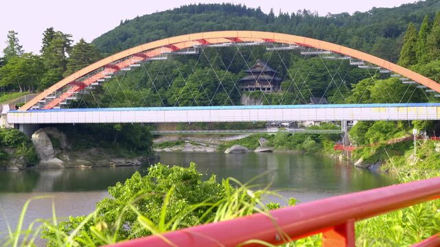 Big red bridge over the river