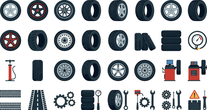 Car Tire and Wheel Service Vector Icon Set Featuring Alloy Rims Rubber Tires Pressure Gauges Air Pumps and Auto Repair Workshop Equipment Elements