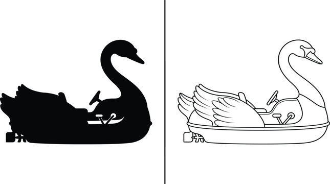 Swan Paddle Boat Vehicle Concept in Black Silhouette and Outline with Water Recreation Design