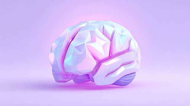 Stylized polygonal human brain rendered with iridescent material against a soft pastel background
