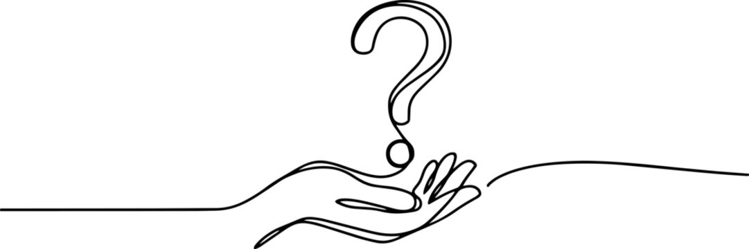 Hand holding question mark in continuous line drawing with conceptual meaning of uncertainty and doubt