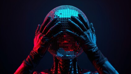 Naklejka premium A humanoid figure with an elaborate and futuristic design is positioned against a dark background, surrounded by a large spherical disco ball