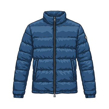 Deep azure blue quilted puffer jacket with horizontal stitching and polished silver zipper, isolated on transparent background, stylized vector illustration, commercial apparel advertising concept